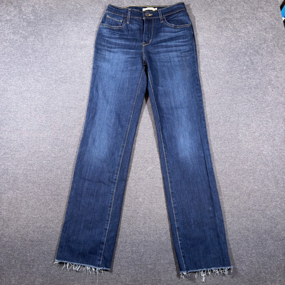 Levi's 724 High Rise Straight Jeans Women 26 Blue Raw Hem Dark Wash Stretch - Picture 1 of 10